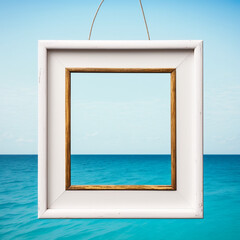 white empty frame hanging against a blue ocean background, generative ai