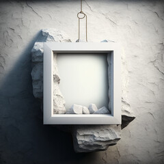 empty white frame hanging on stone wall, generative ai