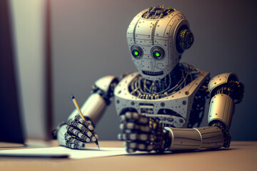 Chatgpt bot writing answers with pen on paper, Generative AI - obrazy, fototapety, plakaty