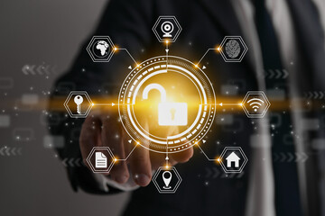 Businessman Hand and Finger Touching Screen and Hexagon HUD Unlock Security Sign