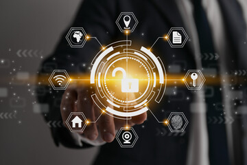 Fototapeta premium Businessman Hand and Finger Touching Screen and Hexagon UI HUD Unlock Security Sign