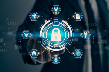 Businessman Hand and Finger Touching Screen and Hexagon Blue UI HUD Lock Security Sign in Vintage Tone