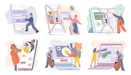 Hacker identity theft, internet fraud concept set. Crime, spam, spyware that unlocks computer and phone security. Can access account code. phishing account, steal data, cyber attack. Stealing password