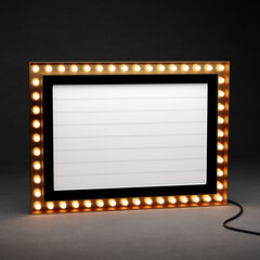 3d retro gold signboard with glowing yellow light bulb . Concept of billboard design for cinema, casino, marquee or nightclub . 3d high quality render