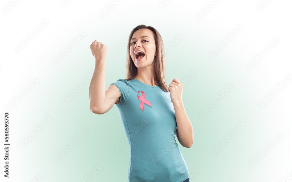 Canvas Prints Happy woman and pink ribbon,breast cancer concept