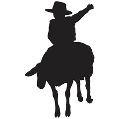A vector silhouette of a young boy rodeo cowboy riding a bucking sheep. This is a rodeo event called mutton busting.