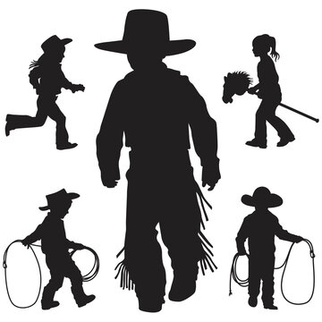 Vector silhouettes of a young cowboy and cowgirl children playing. A young little cowboy with a lasso rope. A young cowgirl riding a stick horse. A yooung child cowboy wearing chaps.