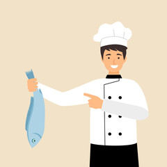 Chef preparing fresh fish for lunch or dinner meal in flat design.