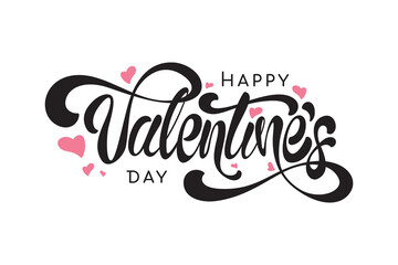Happy Valentine's Day Text Design, Vector Black and white, Handwriting, Banner With Pink Heart