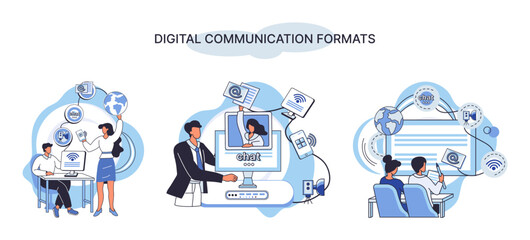 Digital communication formats metaphor, content online data and social media streaming. Abstract modern news feed and website connection. Open sourse software unified conversation modern technology