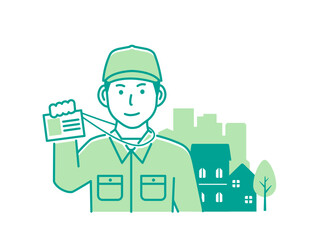 Vector illustration of a male worker visiting a house (showing an ID card)