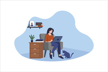 Young woman sitting at the desk and working on computer. Vector illustration in cartoon style isolated