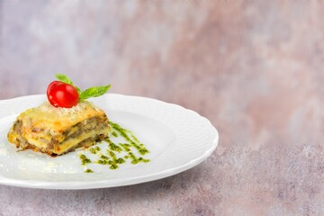 Traditional tasty fresh lasagna dish with sauce