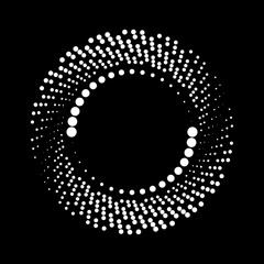 Black halftone dots in circle form. Concentric rotating circles.   Halftone dotted lines. Trendy element for posters, social media, logo, frames, badges, promotion, flyer, covers, banners, backdrop