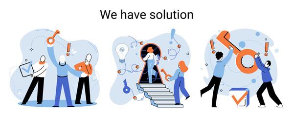 Reaching solution as result of work of business team. Startup employees. Goal thinking. Cooperation construction by agency create team. Creative successful management metaphor, decision and teamwork