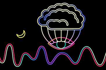Insomnia, illustrated by neon style graphics implying brain pulling eyelashes at night, preventing eye to close, supplemented with line graph representing brain activity. 