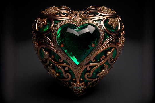 emerald heart with gold design, Generative AI