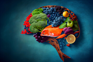 Healthy brain food to boost brainpower nutrition concept as a group of nutritious nuts fish vegetables