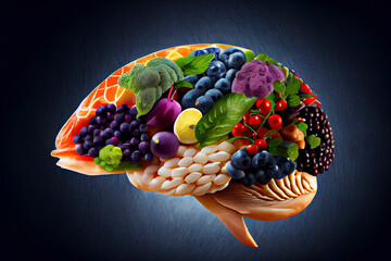 Healthy brain food to boost brainpower nutrition concept as a group of nutritious nuts fish vegetables