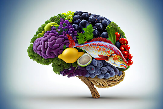 Healthy brain food to boost brainpower nutrition concept as a group of nutritious nuts fish vegetables