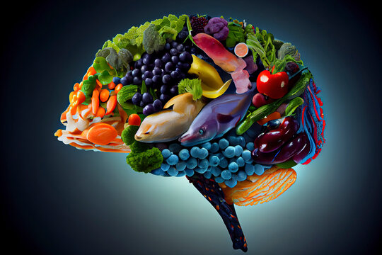 Healthy brain food to boost brainpower nutrition concept as a group of nutritious nuts fish vegetables