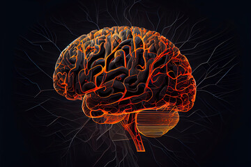 Human brain digital illustration. Electrical activity, flashes and lightning on a blue background