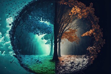 Spring vs Autumn season in the forest. Generative AI