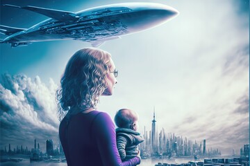 Young mother with a small child sci-fi Fantastic illustration