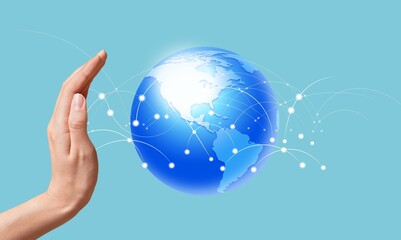 Hand hold an infographic icon on color background