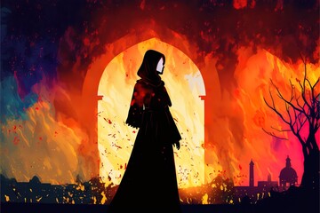 Silhouette of a woman in a burning village, illustration of war