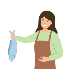 Housewife cooking fish for lunch or dinner in the kitchen vector illustration.