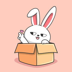 Bunny in the box Cartoon - Cute Rabbit with Love Hand Hide in the Box