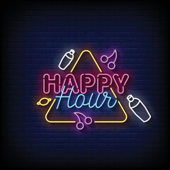 neon sign happy hour with brick wall background vector illustration