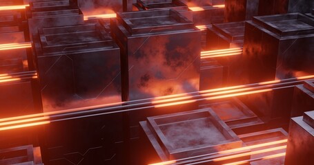 Abstract background using building pattern with metallic and voronoi texture, orange laser light,  3d rendering and 4K size