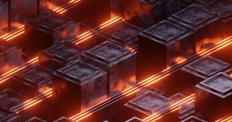 Abstract background using small cube pattern with metallic and voronoi texture, orange laser light, orthographic camera, 3d rendering and 4K size