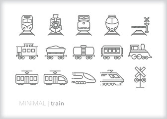 Set of train, railroad, locomotive and light rail line icons
