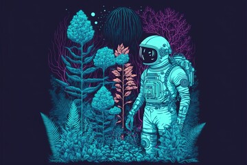 spaceman studies local flora, astronaut among plants
