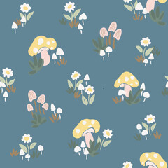 Beautiful garden of mushrooms and little flowers in a color palette of off white, yellow, pink and sage green on pastel blue background. Great for home decor, fabric, wallpaper, gift-wrap, stationery 