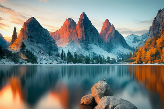 sunrise over the mountains and lake. Generative AI © Pexla