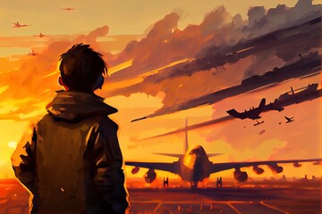 A boy at a military base with military planes