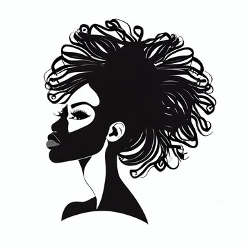 Black woman with beautifully curled hair that is hand-drawn. Girl with long lashes and finely sculpted eyebrows. Vector typeface for a business visit card idea. ideal salon appearance.