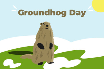 Illustration vector graphic of groundhog day with blue sky, snow, and gree land