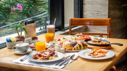 Breakfast in luxury hotel. Table full various food from buffet in modern resort