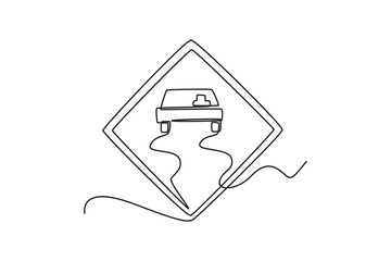 Continuous one line drawing Traffic signs road slippery road. Traffic signs Concept. Single line draw design vector graphic illustration.