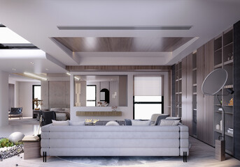 3d rendering,3d illustration, Interior Scene and  Mockup,modern style living room,decorative wall shelves and fireplace.