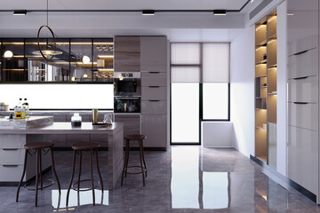 3d rendering,3d illustration, Interior Scene and  Mockup,kitchen and dining room render modern style,and minibar.