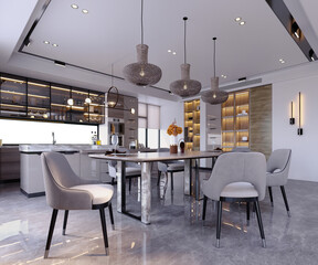 3d rendering,3d illustration, Interior Scene and  Mockup,kitchen and dining room render modern style,and minibar.