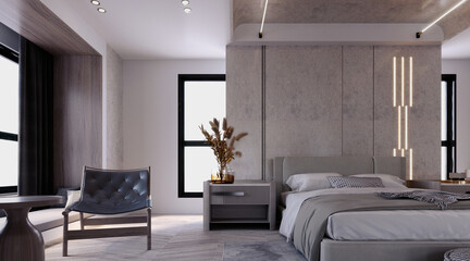 3d rendering,3d illustration, Interior Scene and  Mockup,bedroom interior render modern style,wall decoration.