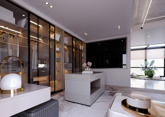 3d rendering,3d illustration, Interior Scene and  Mockup,dressing room and walk in closet render in modern style.