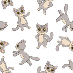 Seamless pattern with animals. Hand drawn childish vector pattern with character cat. Funny flat cartoon kitty on white